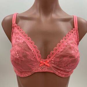 Victoria's Secret Underwire Unlined Lace Semi Demi Bra Neon Pink Size 32DD